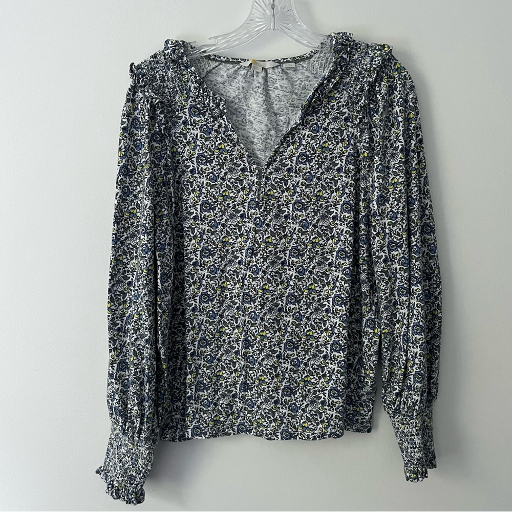 Boden Floral Notch Neck Smocked Ruffle Long Sleeve Top Shirt 16 / 18 Cottagecore